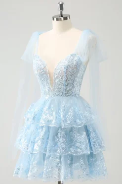 Glitter Blue A Line Bordado Vestido Homecoming Tiered com Apliques