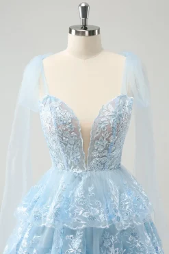 Glitter Blue A Line Bordado Vestido Homecoming Tiered com Apliques