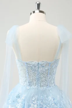 Glitter Blue A Line Bordado Vestido Homecoming Tiered com Apliques