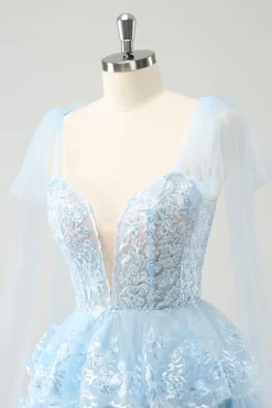 Glitter Blue A Line Bordado Vestido Homecoming Tiered com Apliques