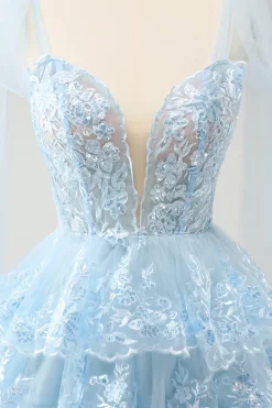 Glitter Blue A Line Bordado Vestido Homecoming Tiered com Apliques