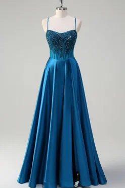 Glitter Blue Corset Espaghetti Correias Vestido Longo Baile Com Lantejoulas
