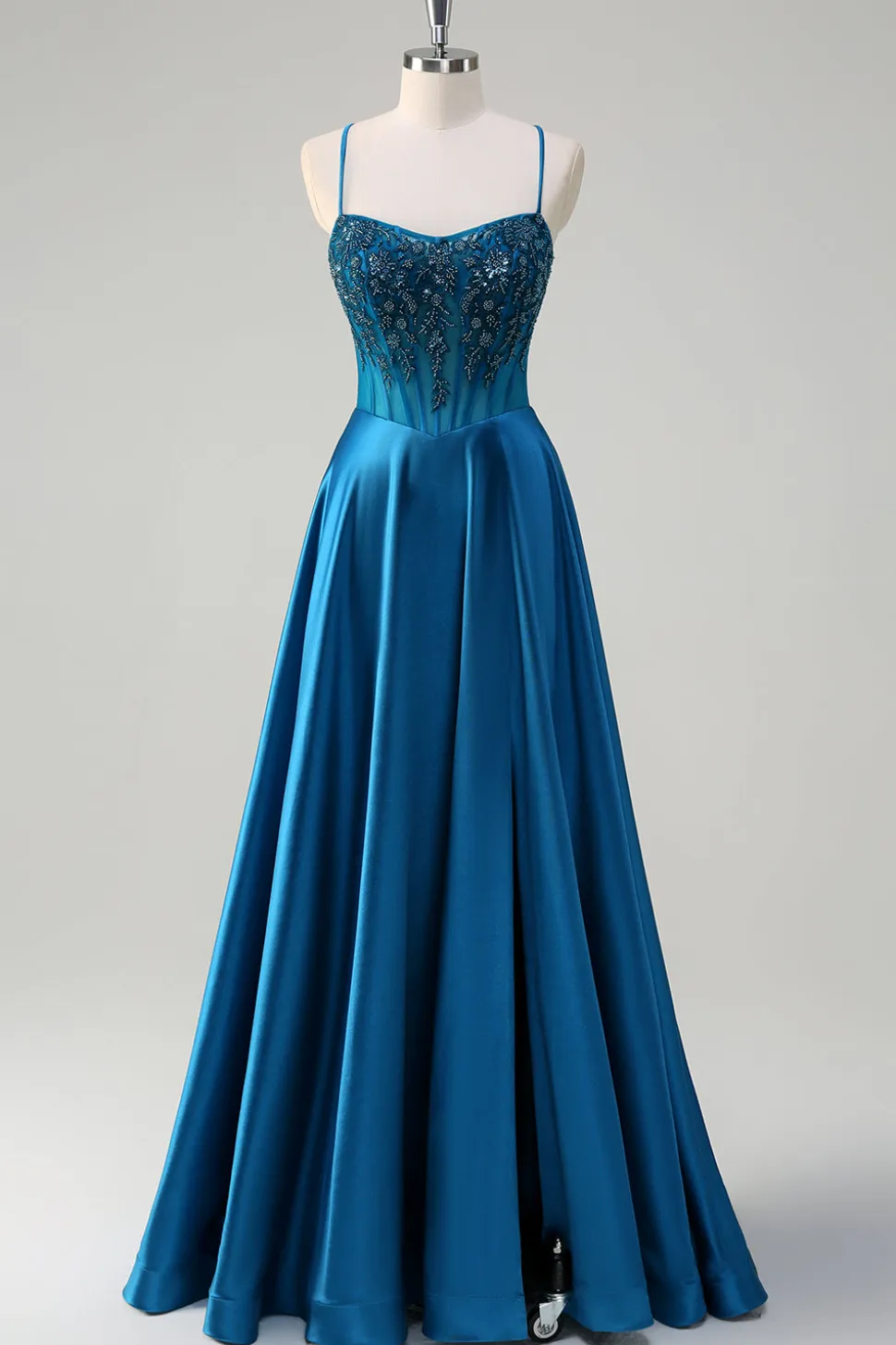 Glitter Blue Corset Espaghetti Correias Vestido Longo Baile Com Lantejoulas
