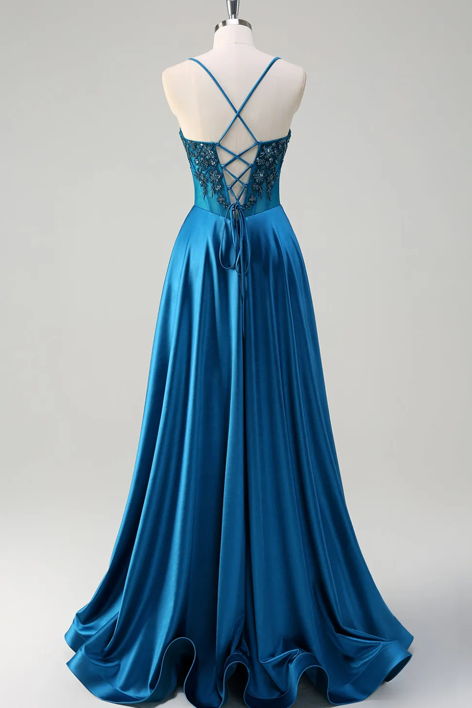 Glitter Blue Corset Espaghetti Correias Vestido Longo Baile Com Lantejoulas