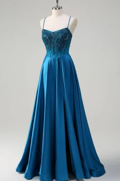 Glitter Blue Corset Espaghetti Correias Vestido Longo Baile Com Lantejoulas