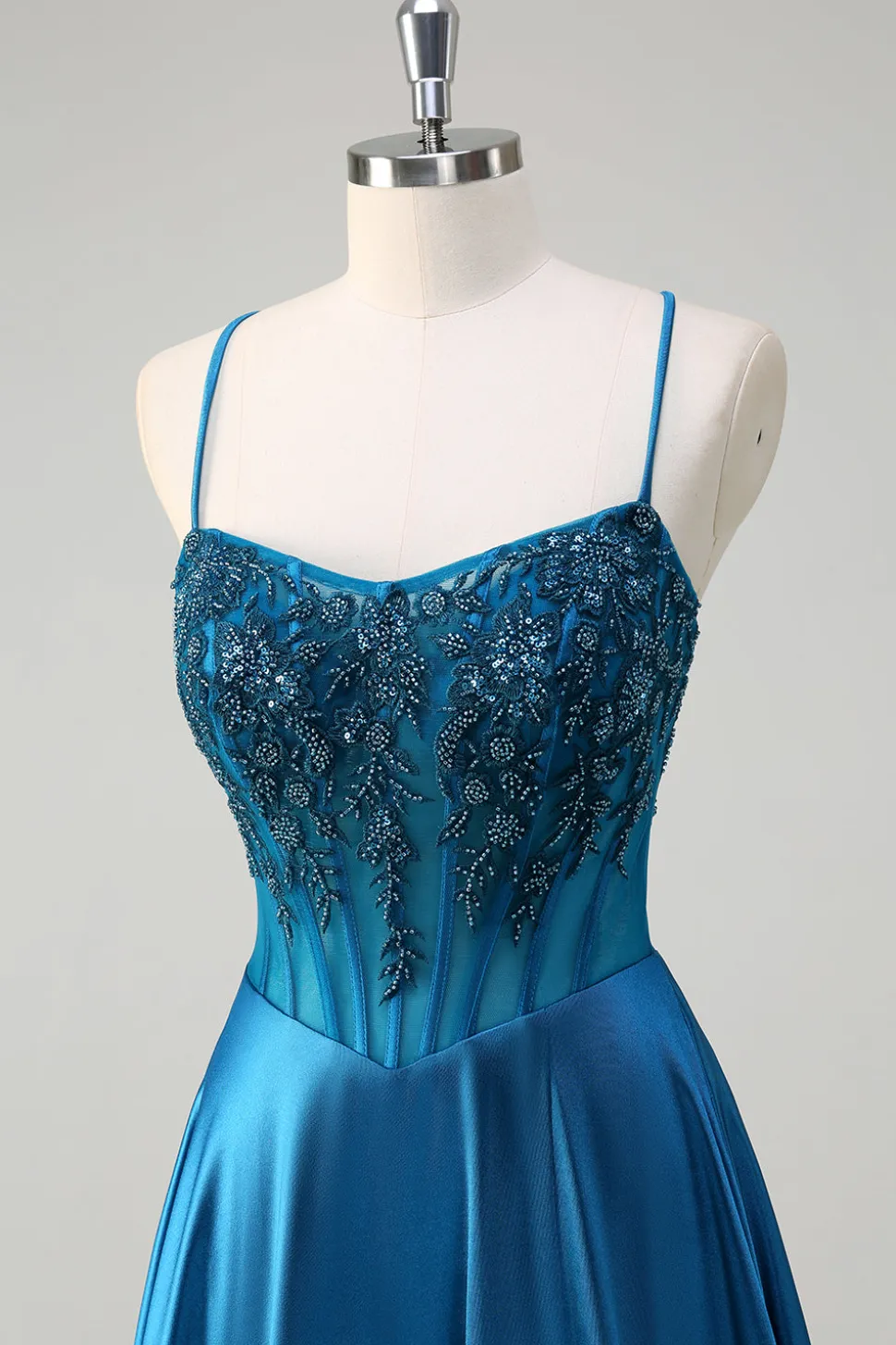 Glitter Blue Corset Espaghetti Correias Vestido Longo Baile Com Lantejoulas