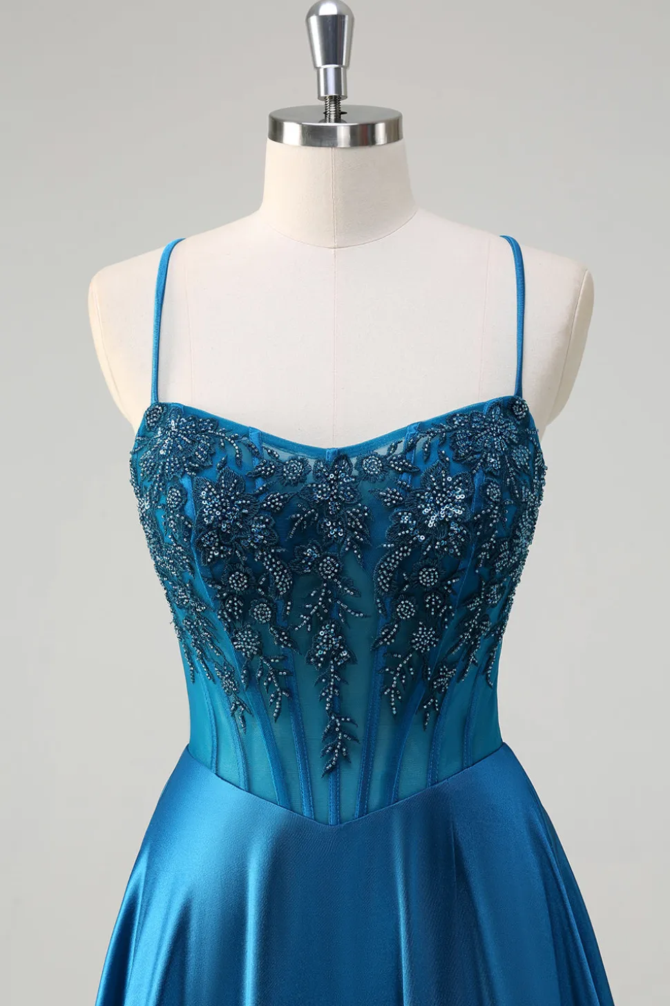 Glitter Blue Corset Espaghetti Correias Vestido Longo Baile Com Lantejoulas
