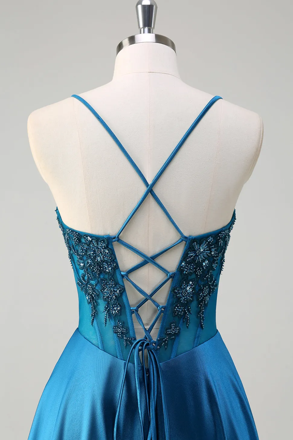 Glitter Blue Corset Espaghetti Correias Vestido Longo Baile Com Lantejoulas