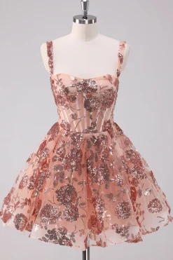 Glitter Blush A-Line Esparguete Correias Sequins Tulle Corset Homecoming Dress