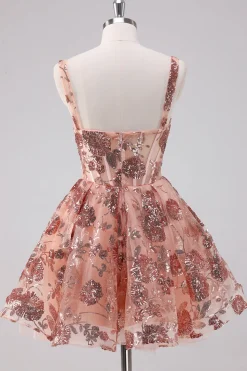 Glitter Blush A-Line Esparguete Correias Sequins Tulle Corset Homecoming Dress