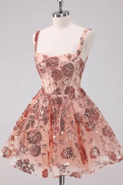 Glitter Blush A-Line Esparguete Correias Sequins Tulle Corset Homecoming Dress