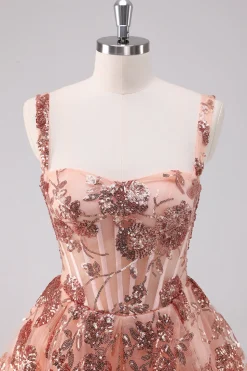 Glitter Blush A-Line Esparguete Correias Sequins Tulle Corset Homecoming Dress