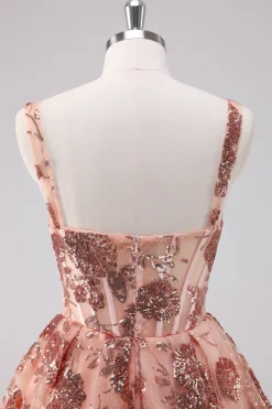 Glitter Blush A-Line Esparguete Correias Sequins Tulle Corset Homecoming Dress