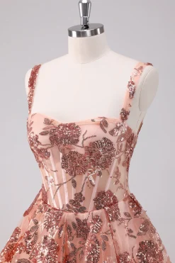 Glitter Blush A-Line Esparguete Correias Sequins Tulle Corset Homecoming Dress