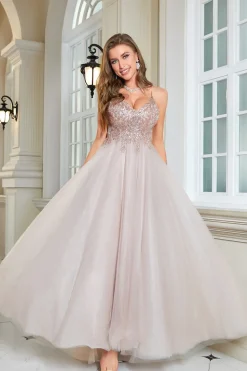 Glitter Blush A-Line Tulle Vestido Longo Baile de Formatura com Renda
