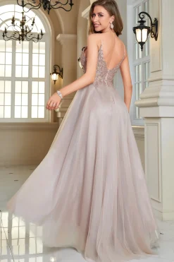 Glitter Blush A-Line Tulle Vestido Longo Baile de Formatura com Renda