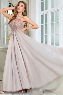 Glitter Blush A-Line Tulle Vestido Longo Baile de Formatura com Renda