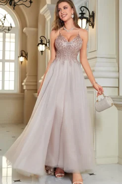 Glitter Blush A-Line Tulle Vestido Longo Baile de Formatura com Renda