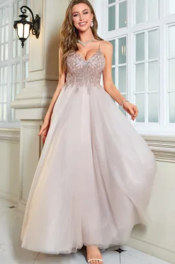 Glitter Blush A-Line Tulle Vestido Longo Baile de Formatura com Renda