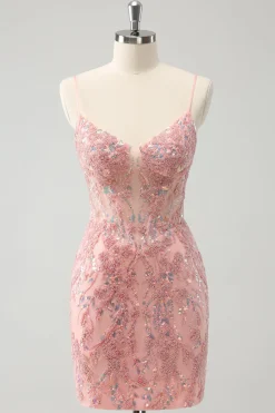 Glitter Blush Esparguete Correias Apertado Curto Homecoming Dress com Missangas