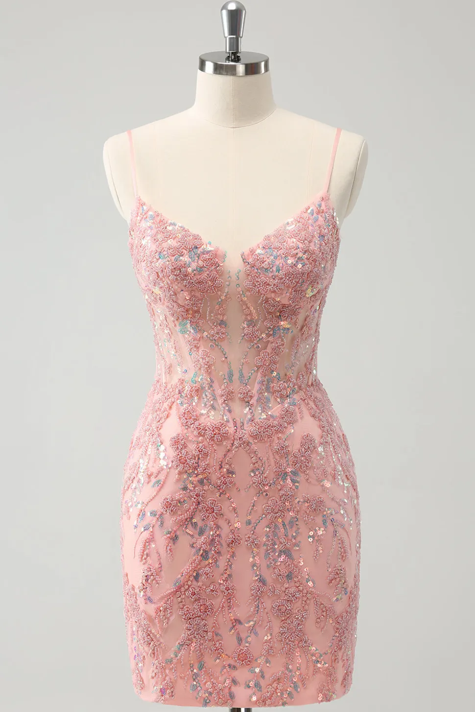 Glitter Blush Esparguete Correias Apertado Curto Homecoming Dress com Missangas