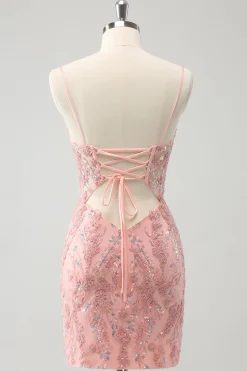 Glitter Blush Esparguete Correias Apertado Curto Homecoming Dress com Missangas