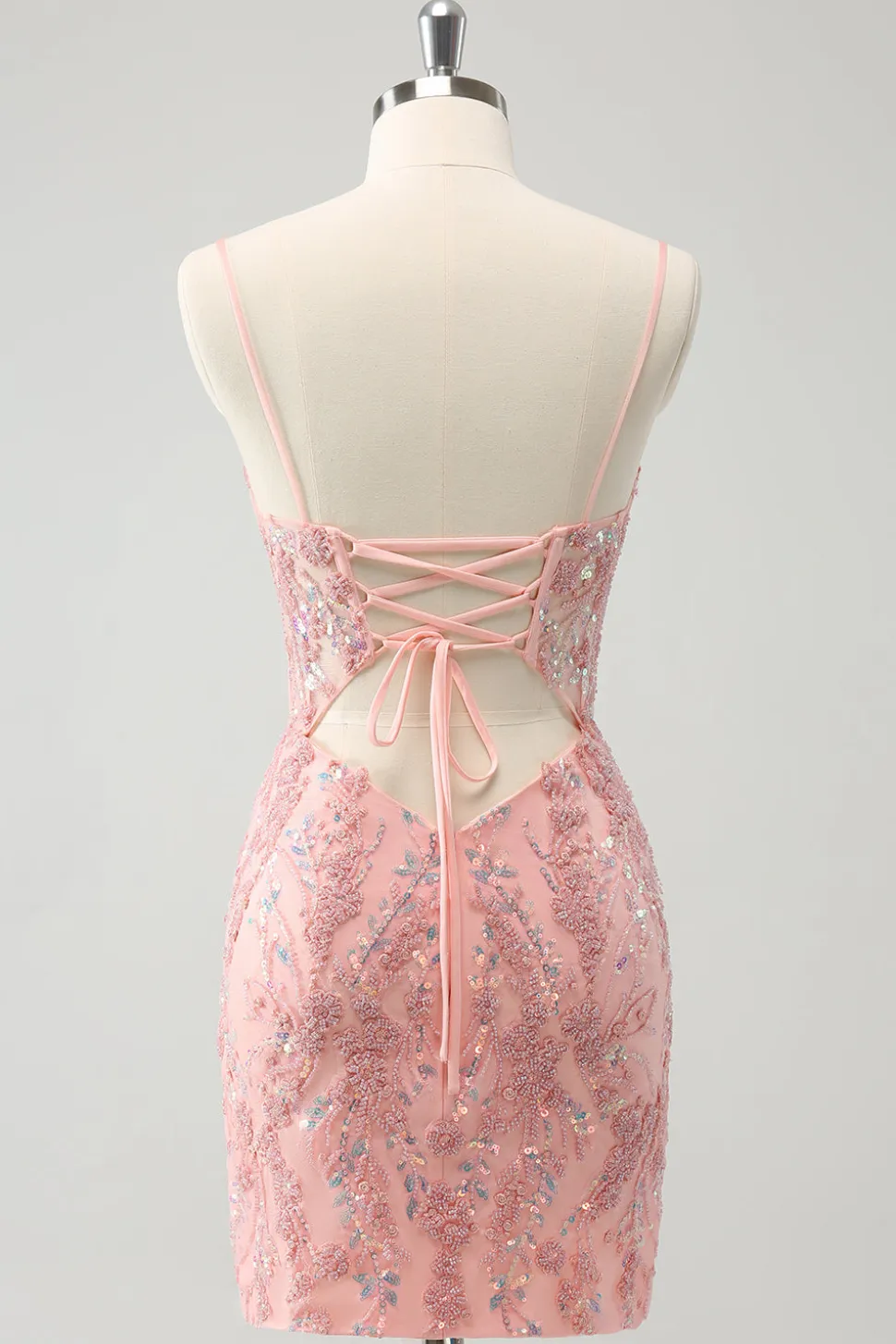 Glitter Blush Esparguete Correias Apertado Curto Homecoming Dress com Missangas