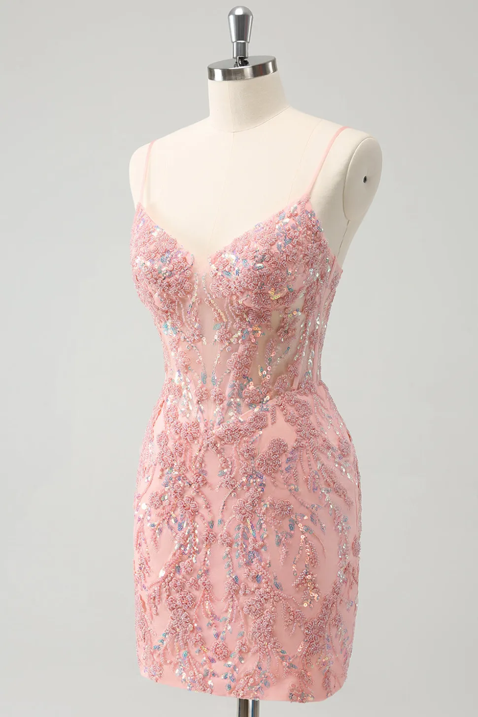 Glitter Blush Esparguete Correias Apertado Curto Homecoming Dress com Missangas