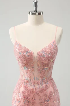 Glitter Blush Esparguete Correias Apertado Curto Homecoming Dress com Missangas