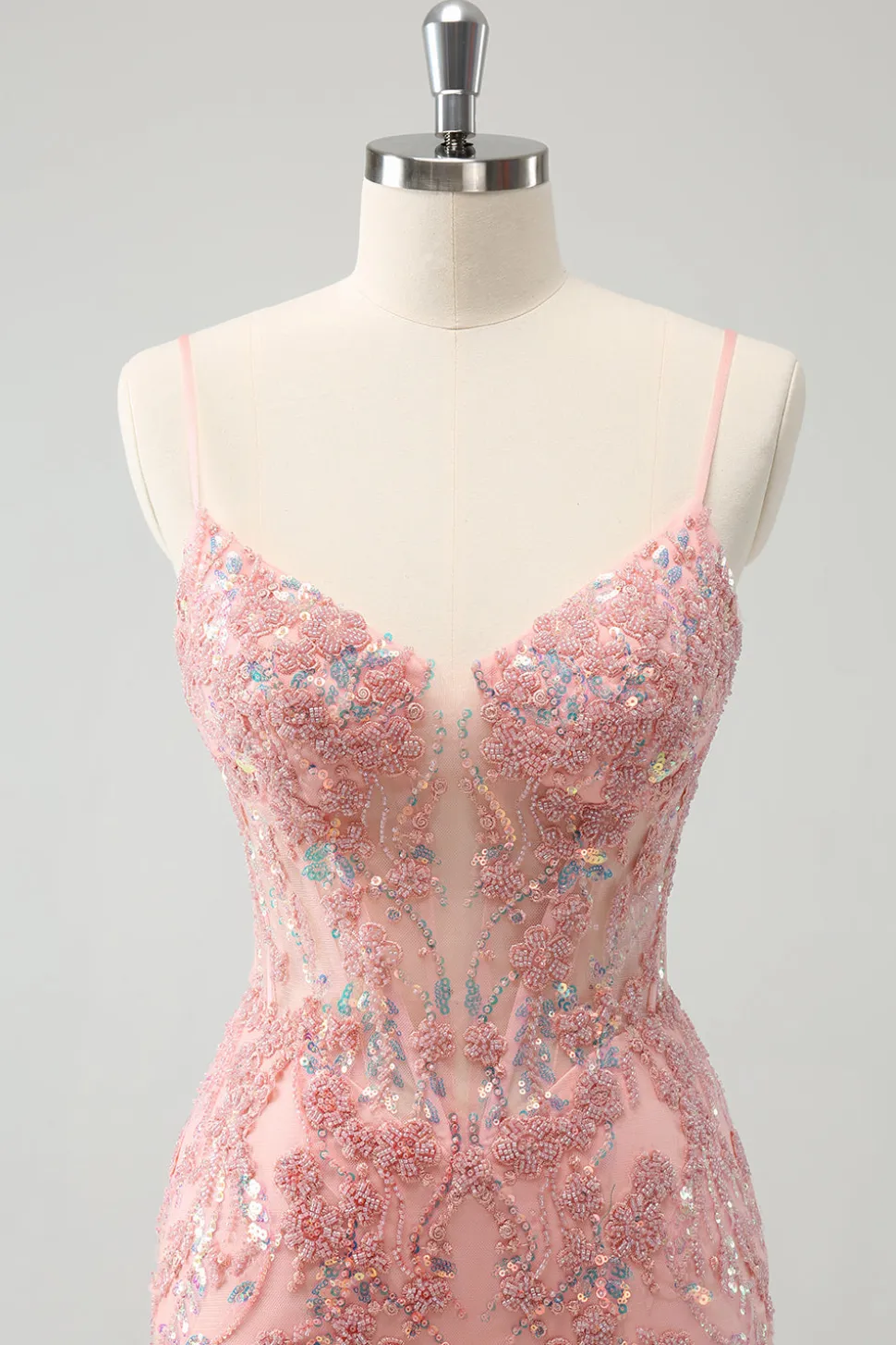 Glitter Blush Esparguete Correias Apertado Curto Homecoming Dress com Missangas