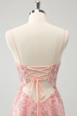 Glitter Blush Esparguete Correias Apertado Curto Homecoming Dress com Missangas