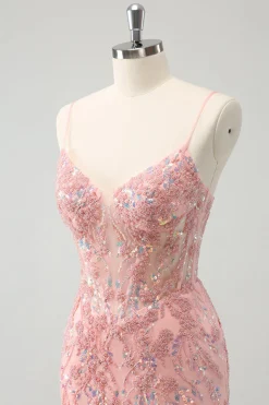 Glitter Blush Esparguete Correias Apertado Curto Homecoming Dress com Missangas