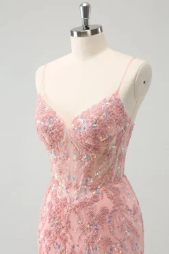 Glitter Blush Esparguete Correias Apertado Curto Homecoming Dress com Missangas
