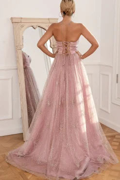 Glitter Blush Longo vestido de baile com fenda