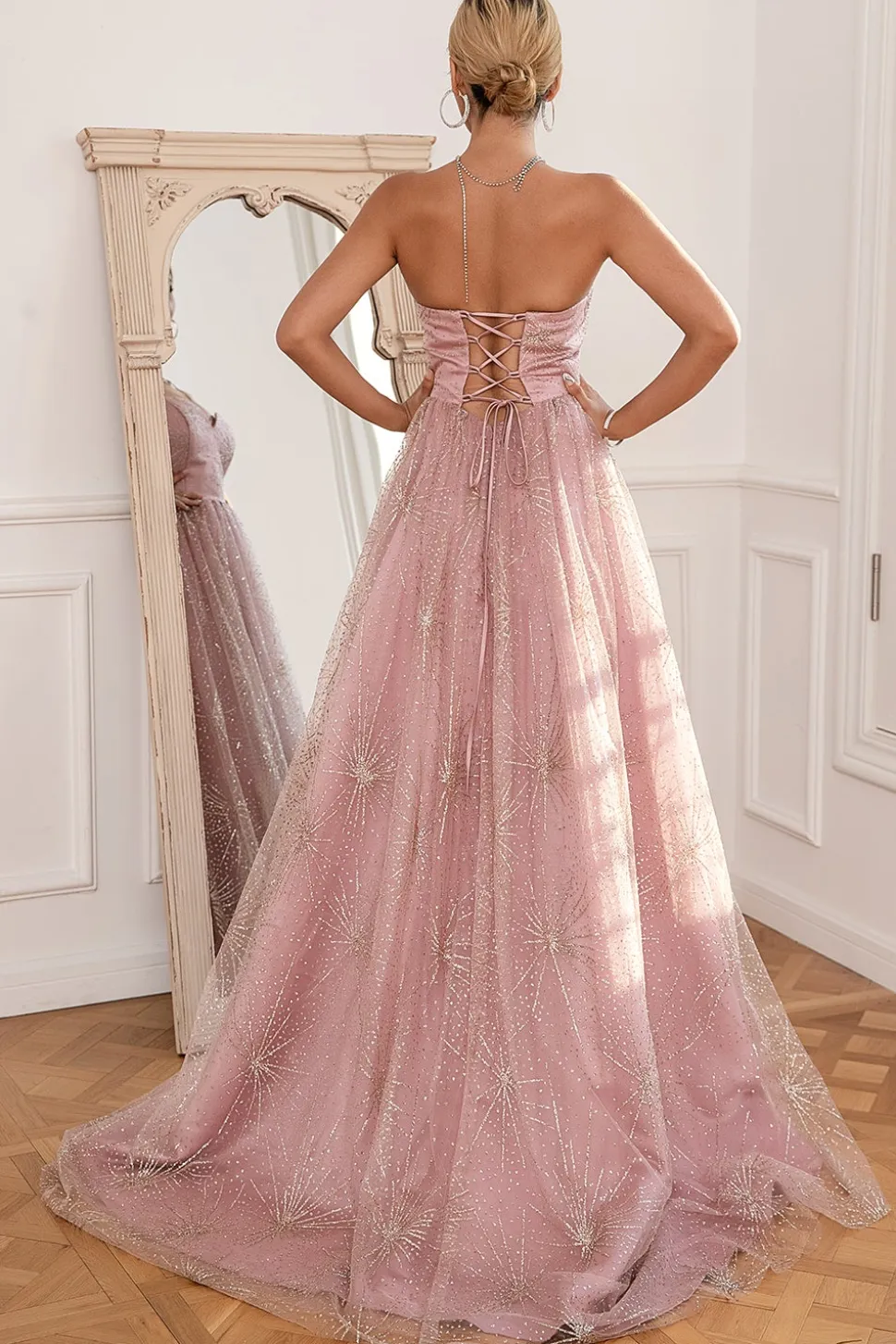 Glitter Blush Longo vestido de baile com fenda
