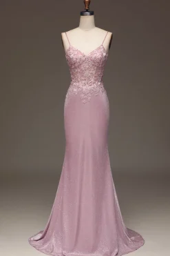 Glitter Blush Sereia Esparguete Correias Longo Vestido de Baile com Missangas