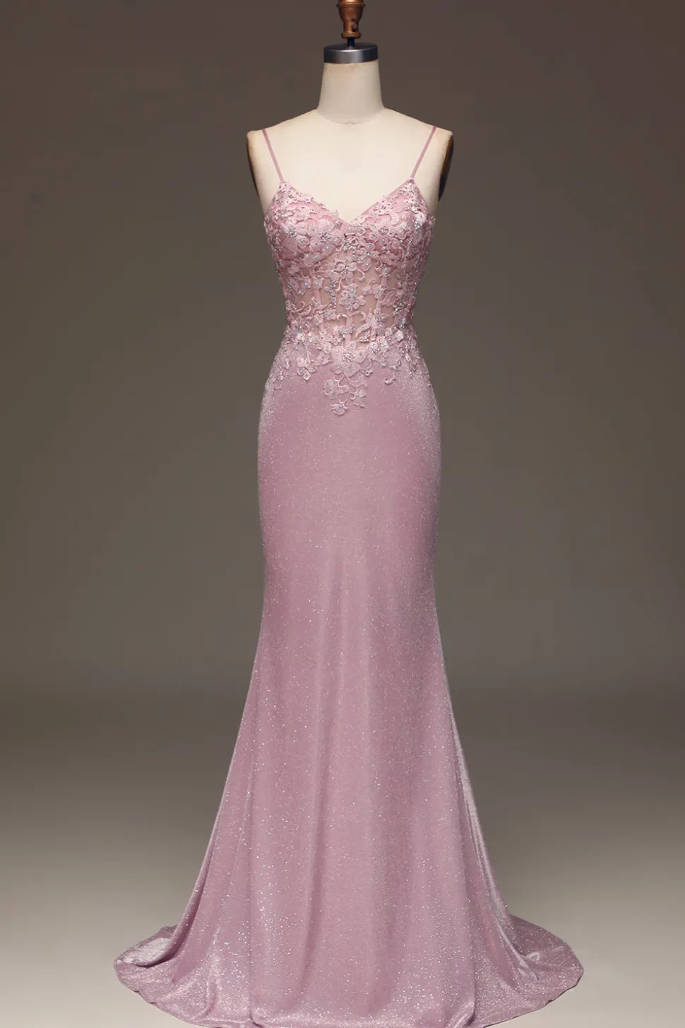 Glitter Blush Sereia Esparguete Correias Longo Vestido de Baile com Missangas