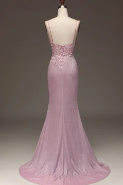 Glitter Blush Sereia Esparguete Correias Longo Vestido de Baile com Missangas