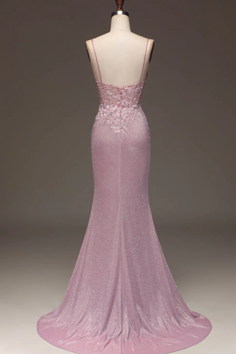 Glitter Blush Sereia Esparguete Correias Longo Vestido de Baile com Missangas