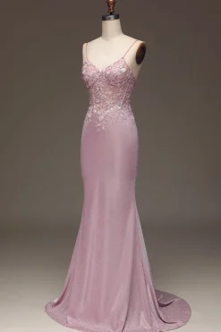 Glitter Blush Sereia Esparguete Correias Longo Vestido de Baile com Missangas