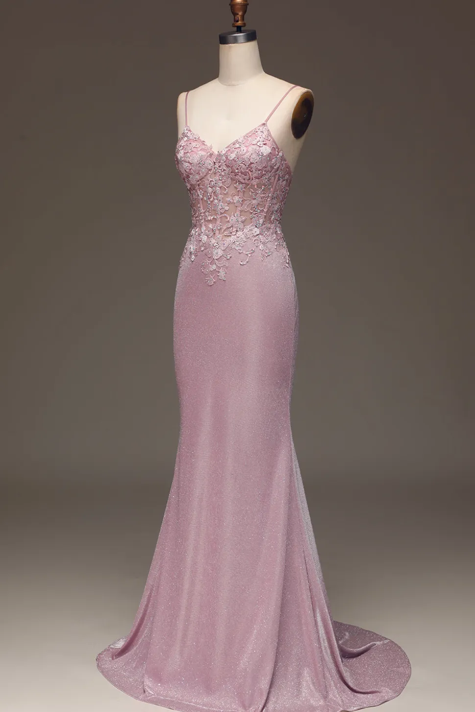 Glitter Blush Sereia Esparguete Correias Longo Vestido de Baile com Missangas