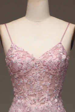 Glitter Blush Sereia Esparguete Correias Longo Vestido de Baile com Missangas
