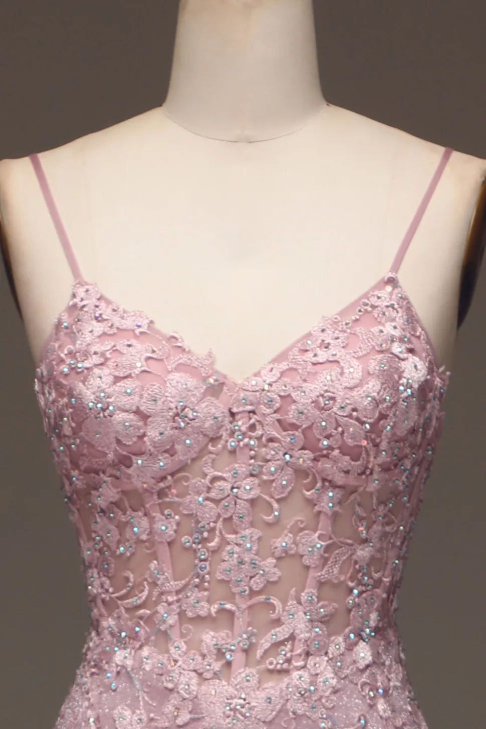 Glitter Blush Sereia Esparguete Correias Longo Vestido de Baile com Missangas