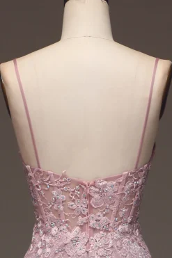 Glitter Blush Sereia Esparguete Correias Longo Vestido de Baile com Missangas