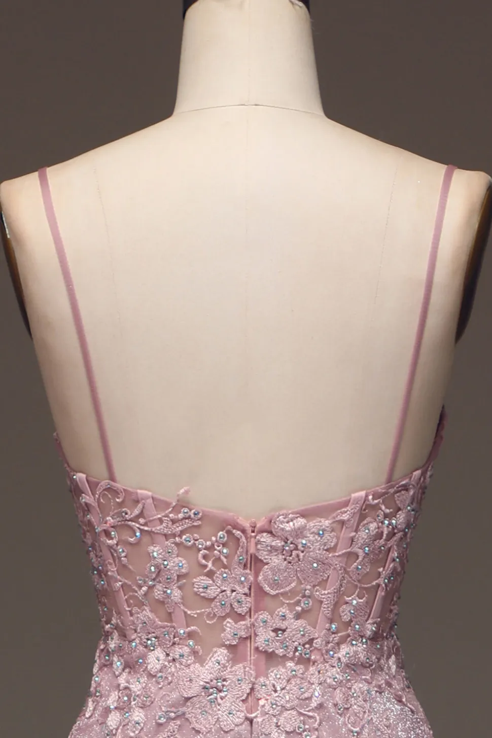 Glitter Blush Sereia Esparguete Correias Longo Vestido de Baile com Missangas