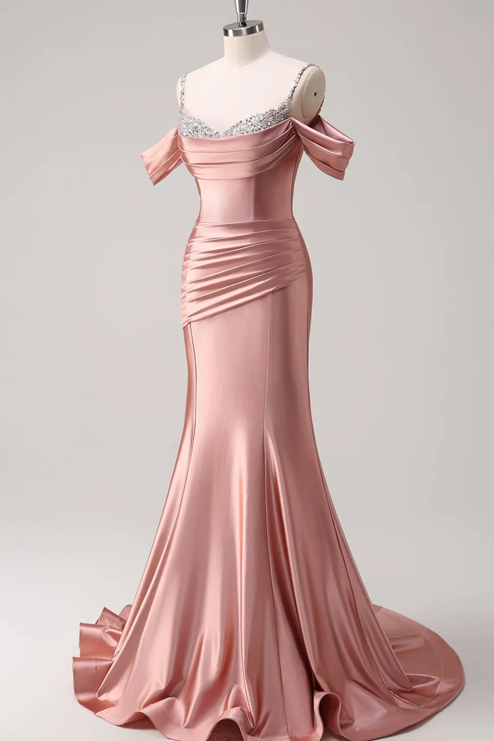 Glitter Blush Sereia Frisado Esparguete Correias Longo Vestido de Baile