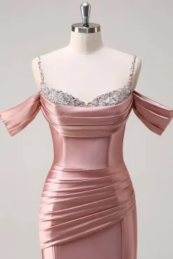 Glitter Blush Sereia Frisado Esparguete Correias Longo Vestido de Baile