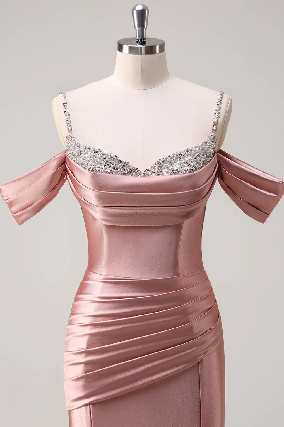 Glitter Blush Sereia Frisado Esparguete Correias Longo Vestido de Baile