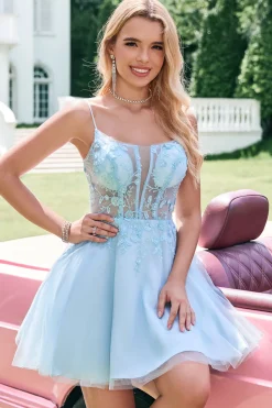 Glitter bonito Uma linha frisado espartilho tule azul Homecoming vestido com apliques