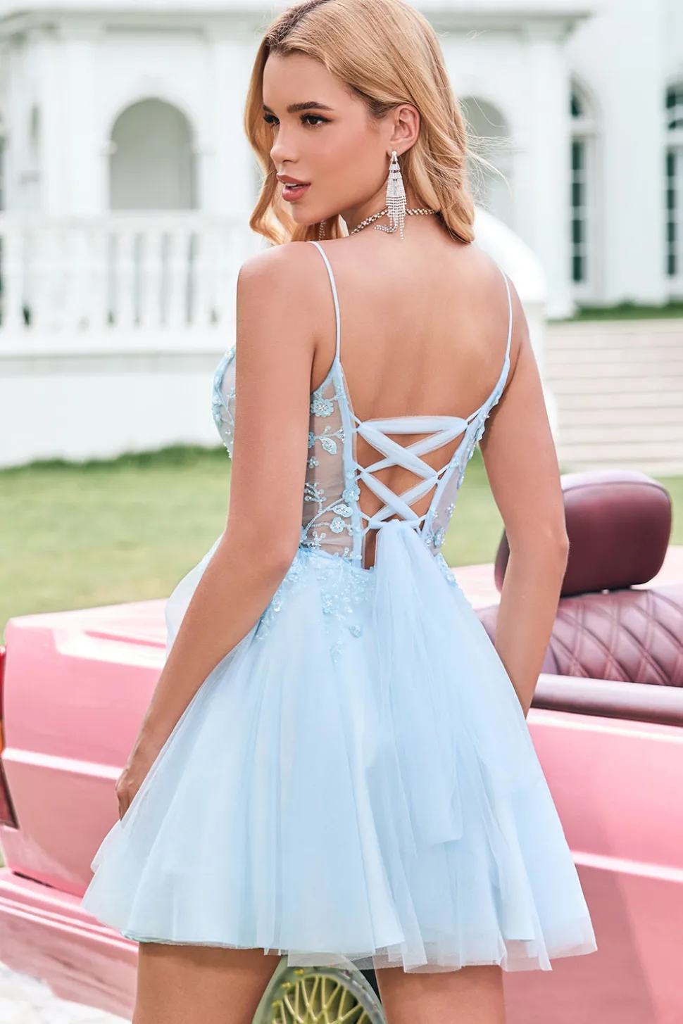Glitter bonito Uma linha frisado espartilho tule azul Homecoming vestido com apliques